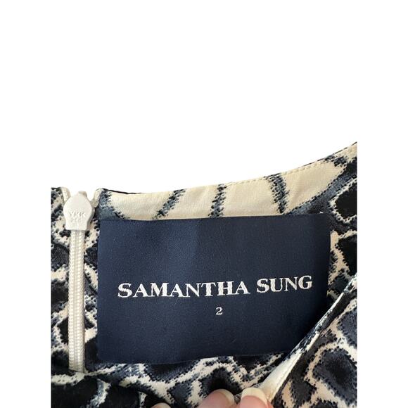 Samantha Sung Navy & White 100% Silk Scoop Neck Dress Size 2 - Picture 4 of 10